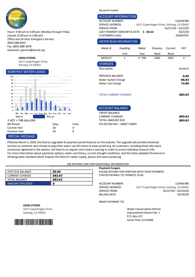 USA California Santa Ynez water utility bill template in Word and PDF format